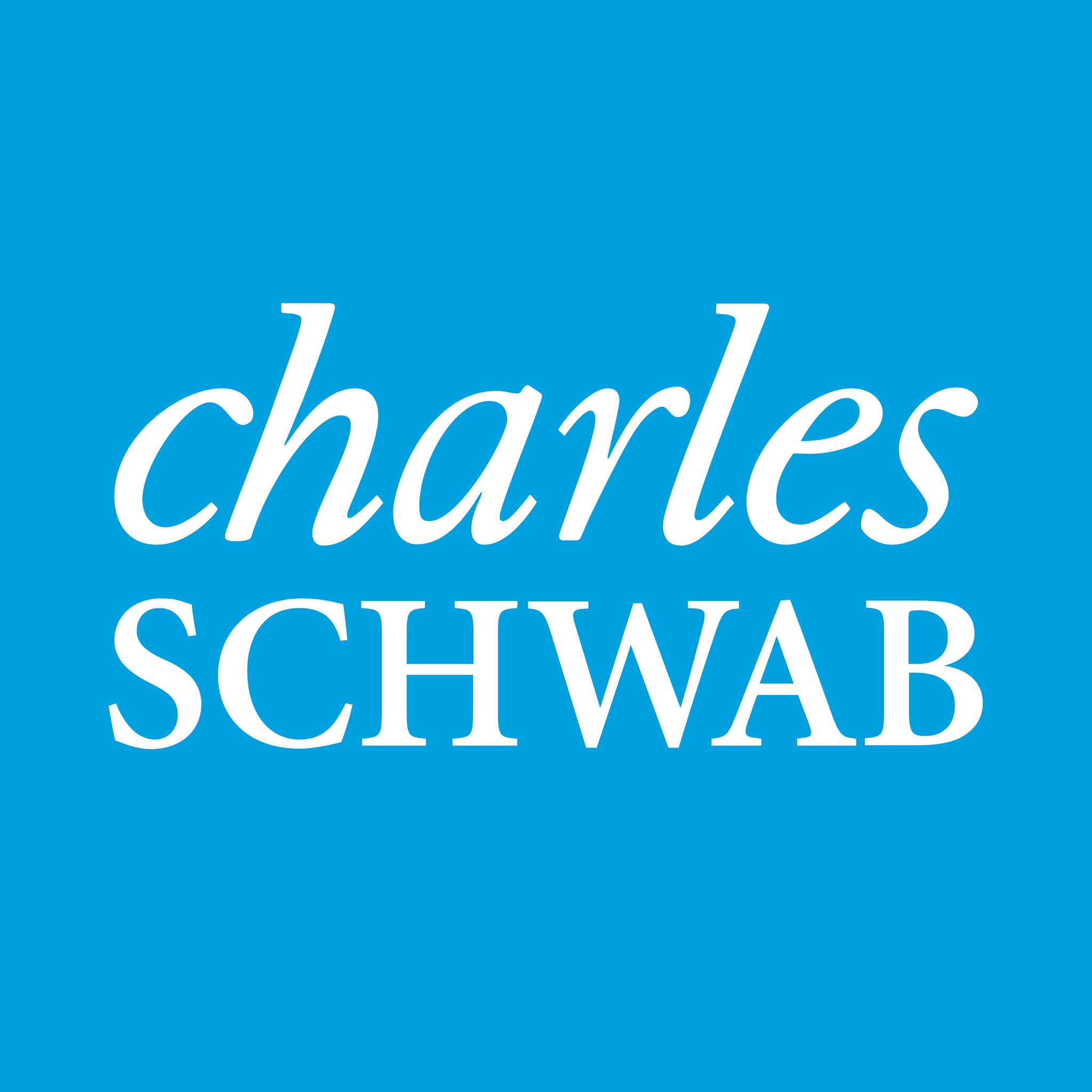 A blue square with the words charles schwab in white.